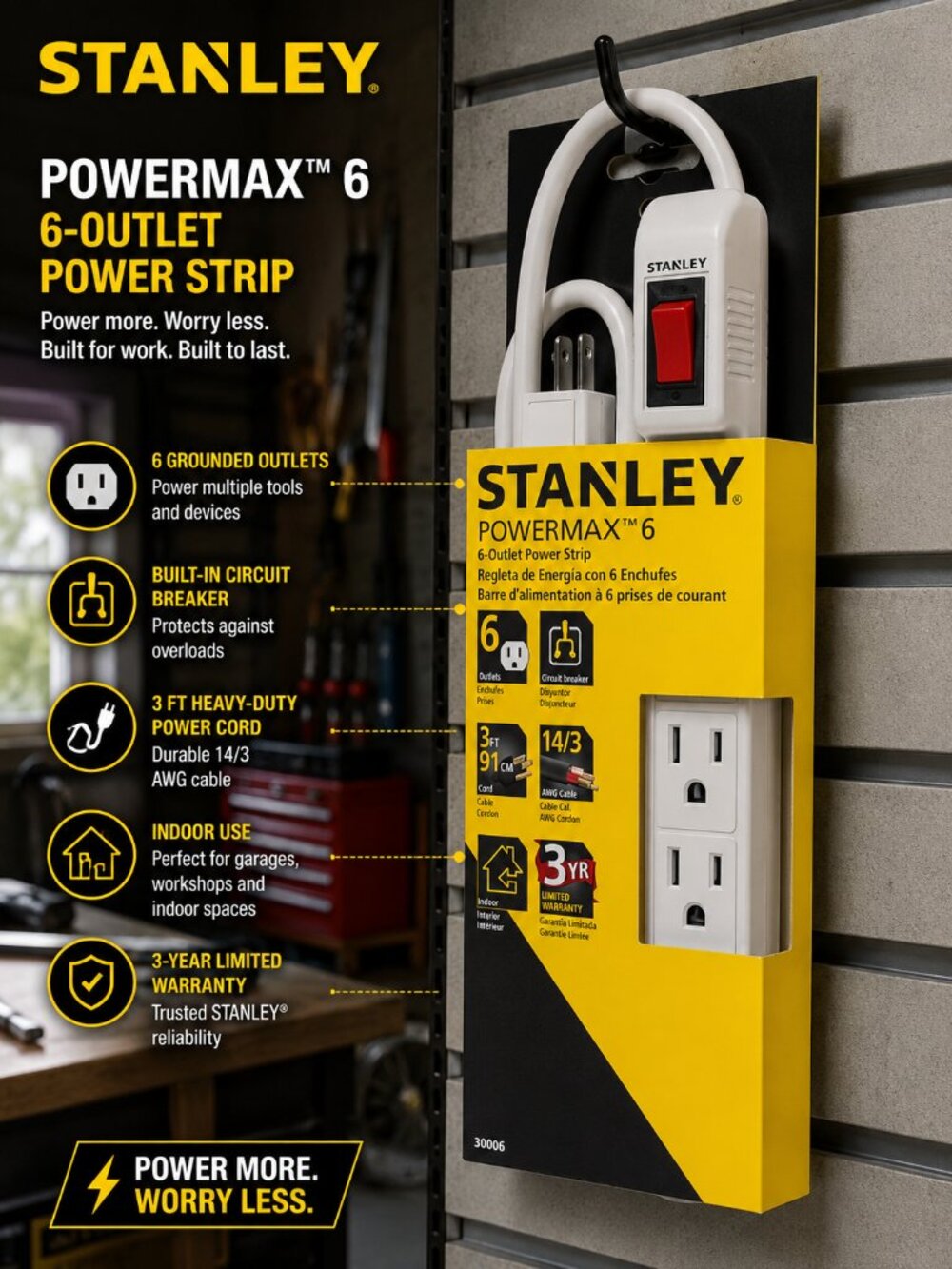 New STANLEY 3FT 6 Outlet Power Strip - Plug AC Wall On/Off Switch